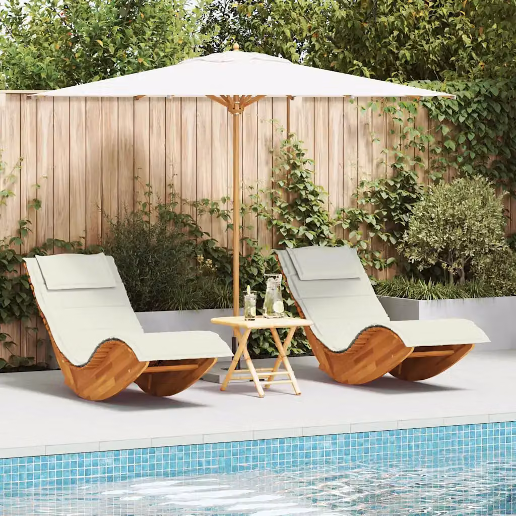Set di 2 lettini da sole vidaXL in legno di acacia marrone con cuscini beige resistenti alle intemperie