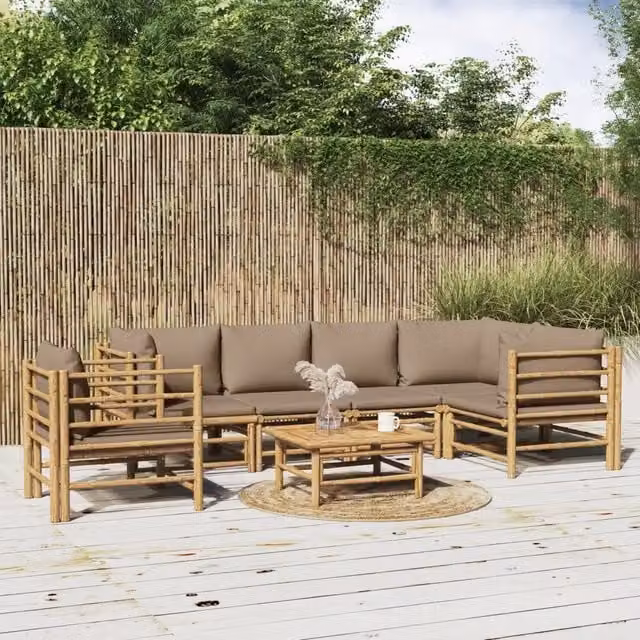Set Salotto da Giardino 7pz con Cuscini Tortora Bambù 3155125