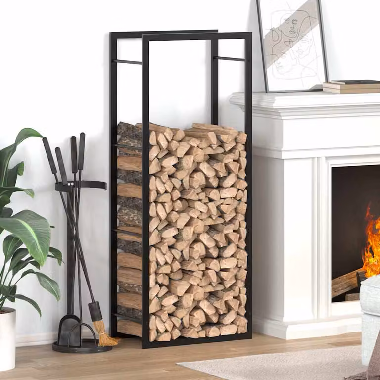 vidaXL Portalegna in Metallo Nero Opaco L: 50 cm, P: 28 cm, H: 132 cm