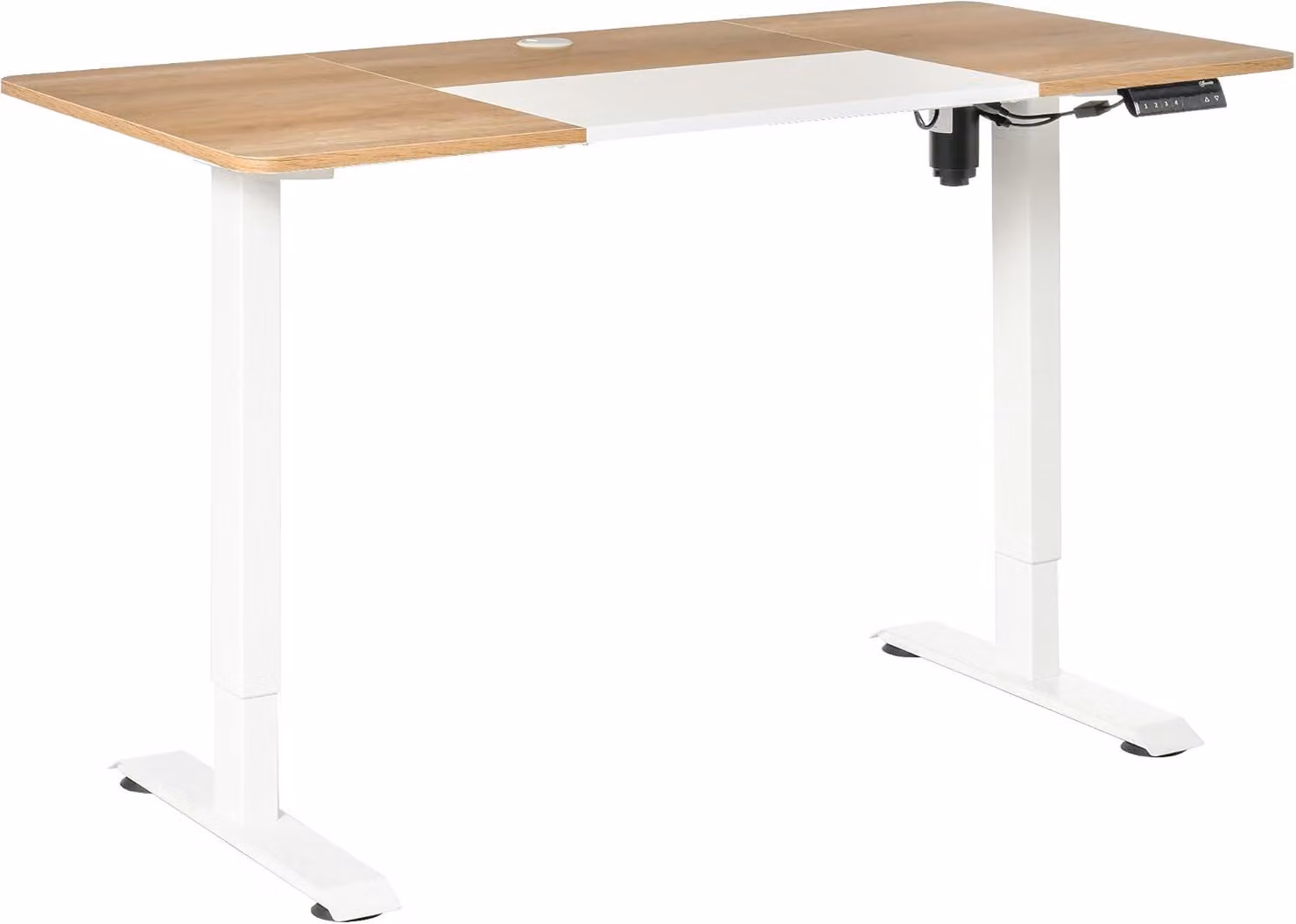 Scrivania regolabile elettricamente, con sistema motorizzato, per lavoro in posizione seduta o in piedi. Tavolo regolabile per computer, disponibile nei colori naturale e bianco, dimensioni 140x70 cm