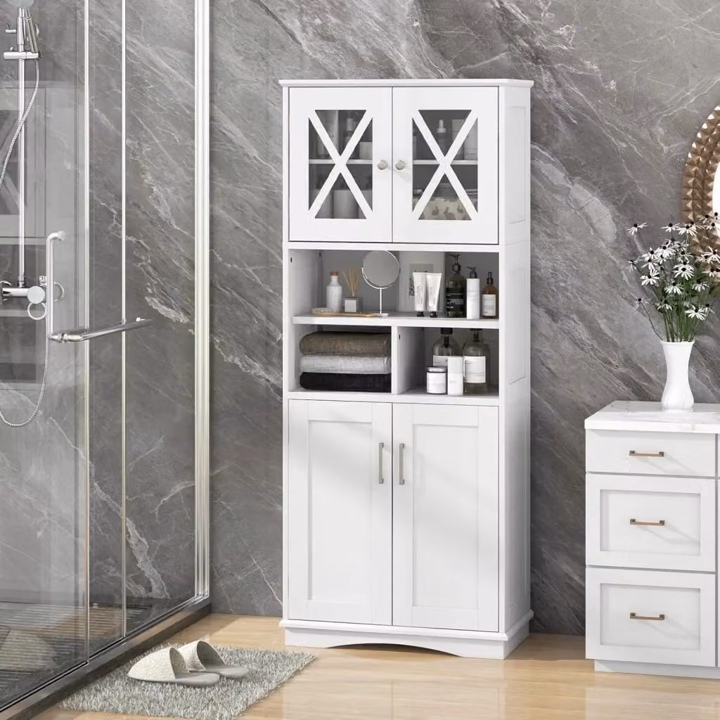 Armadietto Salvaspazio Costway in Legno e MDF con Ante in Vetro e Ripiani Interni, Colore Grigio o Bianco, H: 145 cm, L: 60 cm, P: 30 cm – 2