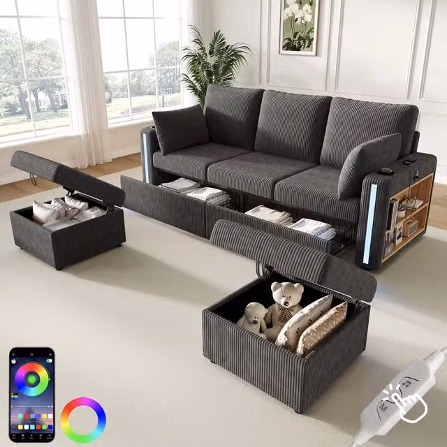 Divano angolare modulare ¨C Minimal ¨C Grigio, con cassetti, cuscini, poggiapiedi contenitore, luci LED