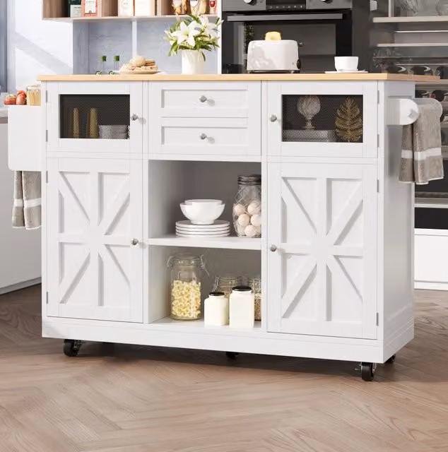 Isola cucina pieghevole con ruote, piano MDF e contenitore