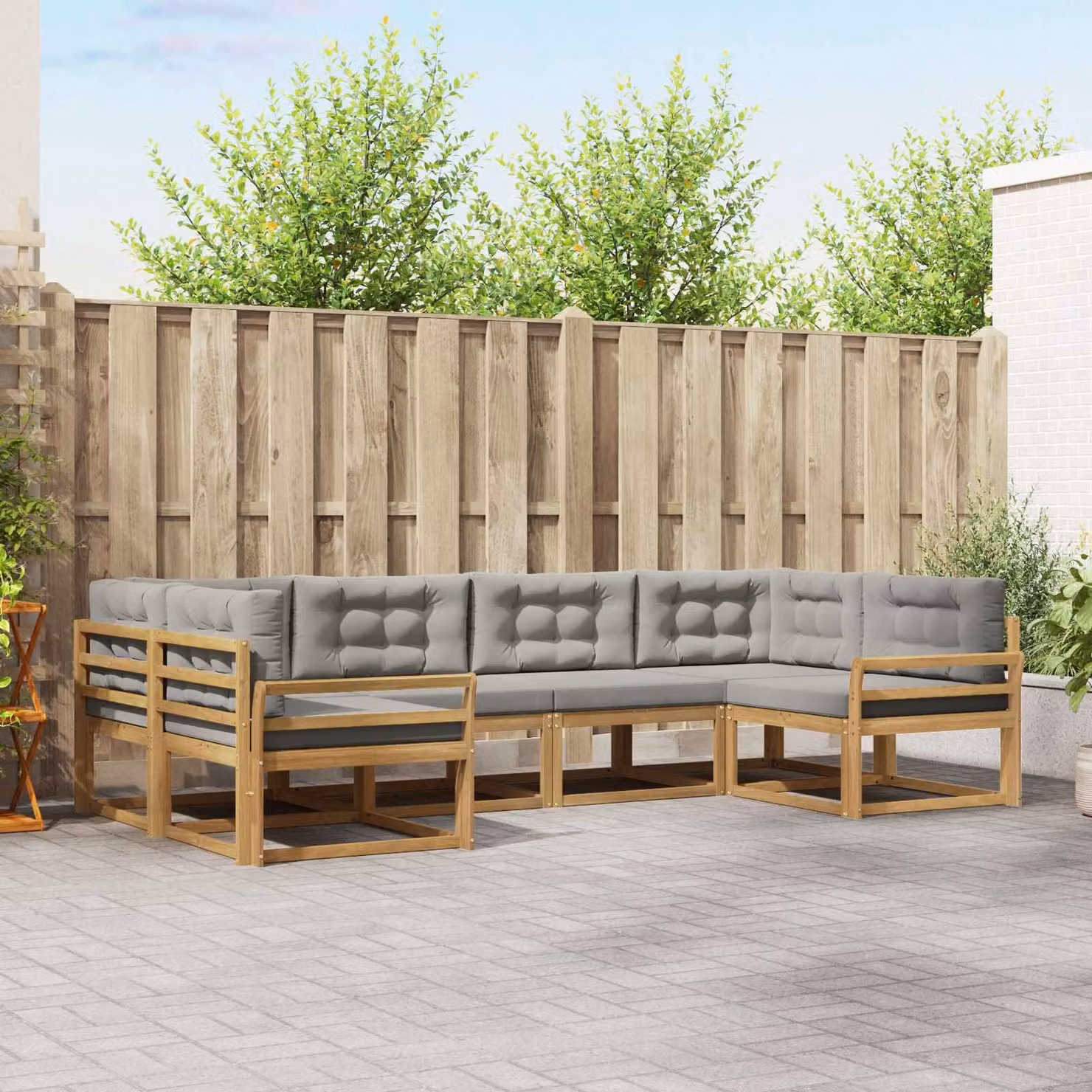 Set di divani da esterno vidaXL a forma di L in legno di acacia con cuscini, Bianco e Grigio