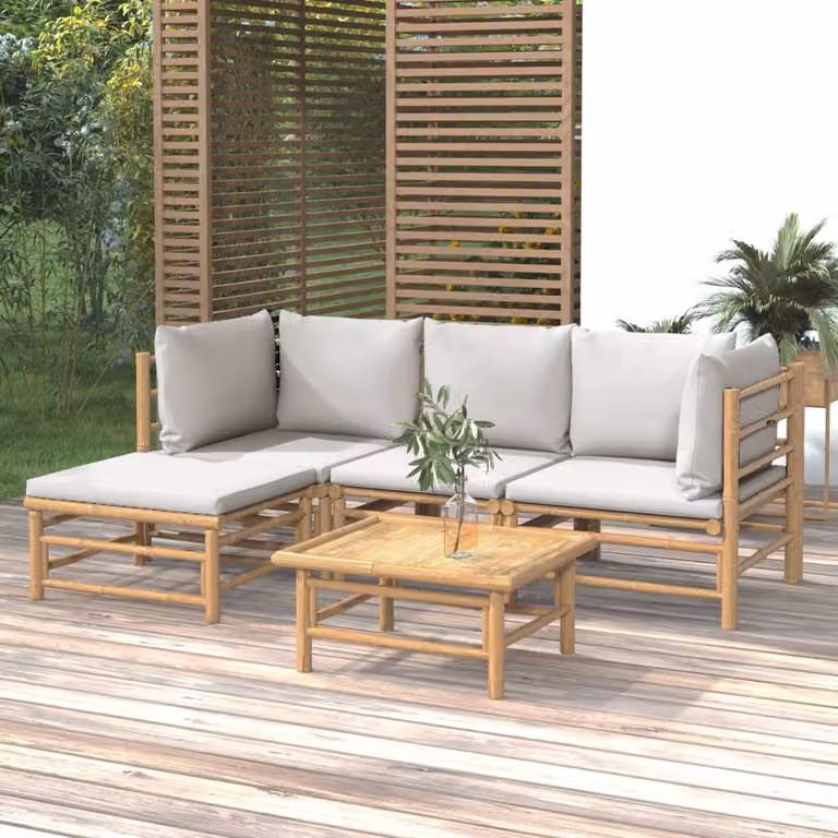 Set Salotto da Giardino vidaXL in Bambu con Cuscini Grigio Chiaro e Marrone, Design Moderno a L con Tavolino e Ottoman