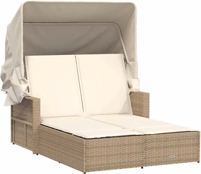 Sdraio da giardino | Lettino Doppio con Baldacchino e Cuscini Beige in Polyrattan