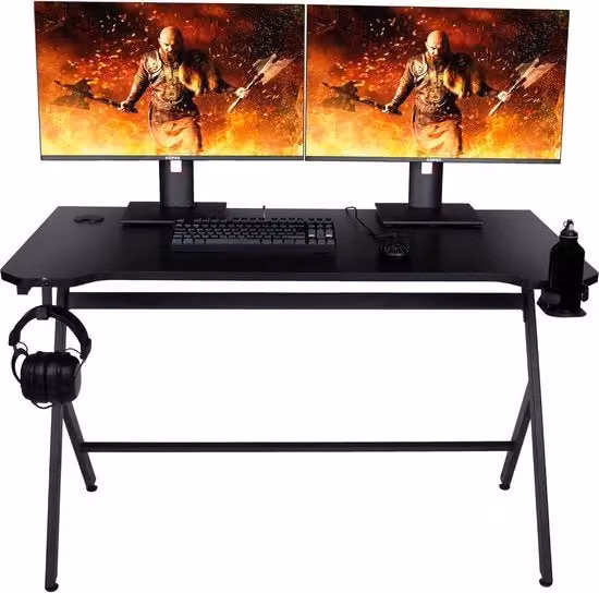 Tavolo da scrivania per gaming, 120 x 60,5 x 18 cm, contenitore per bicchieri e altoparlante per cuffie, nero