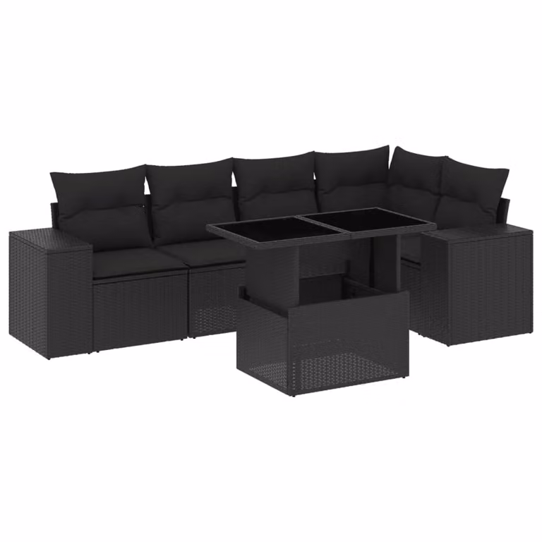 Set Divano da Giardino 6 pz con Cuscini Nero in Polyrattan