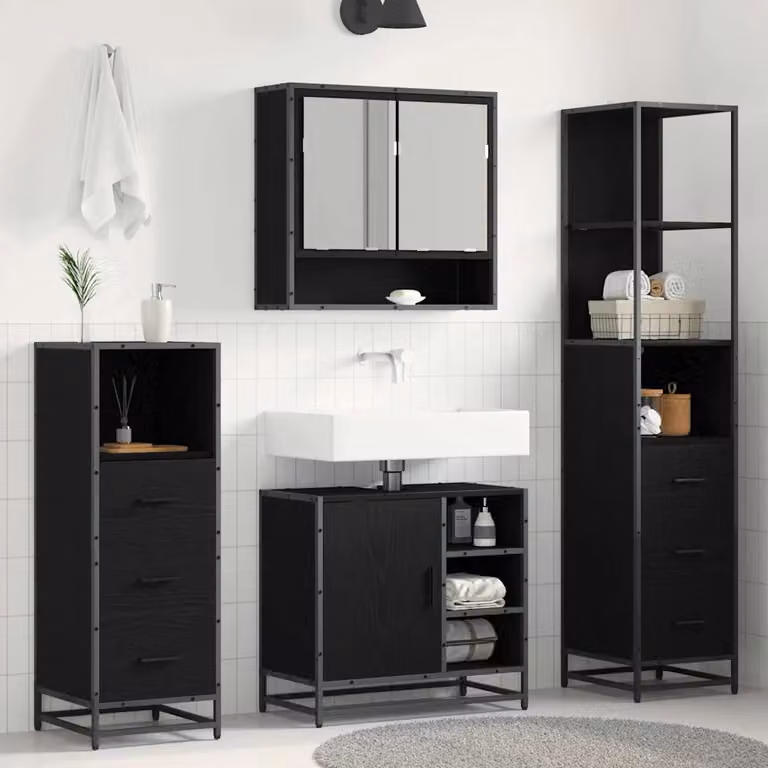 Set di mobili per il bagno moderno vidaXL in legno e metallo nero opaco, composto da armadietto con specchio, mobile lavabo, mobile laterale e colonna alta, L/P/H: 65 x 33 x 166 cm