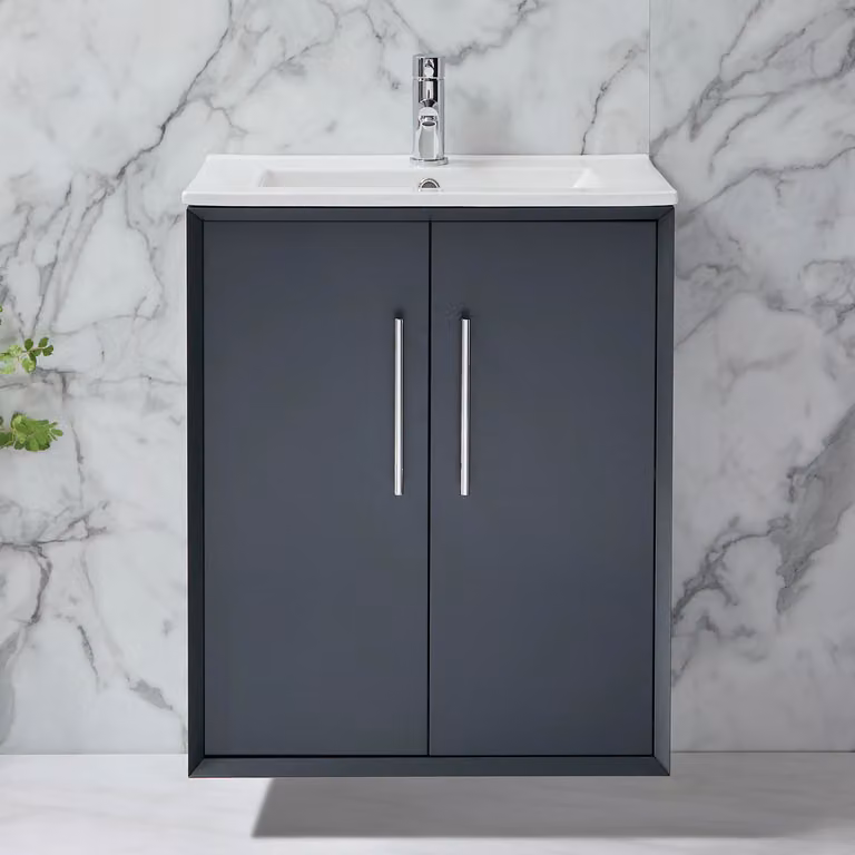 Mobile Bagno Sospeso Antracite 610mm con Lavabo e Maniglie Cromate con Barra a T - Edge