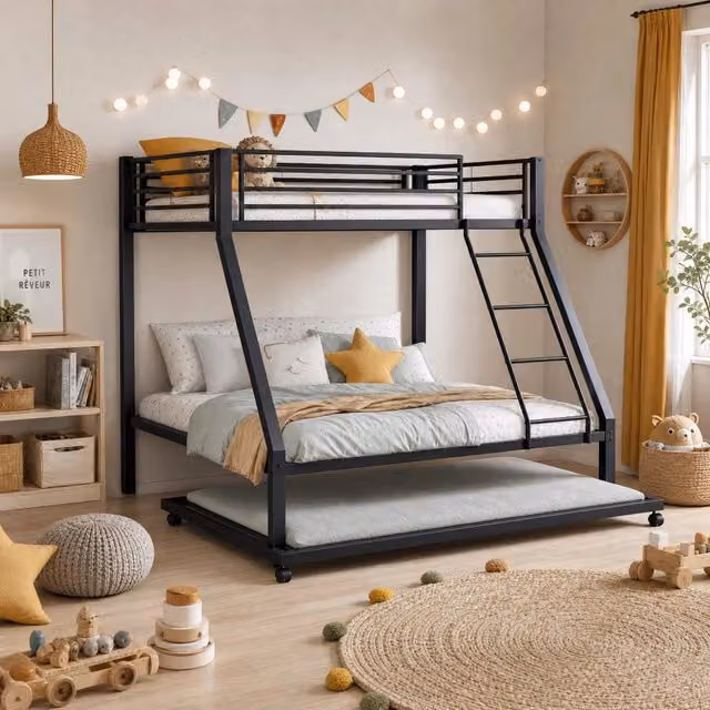 Desviae Letto a castello in metallo nero con letto estraibile, tre posti letto, struttura stabile e salvaspazio