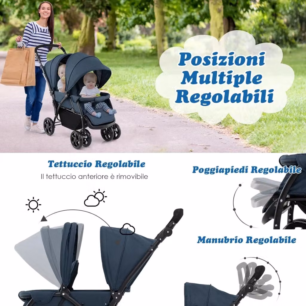 Passeggino Doppio Pieghevole Costway con Seduta in Tandem, Ruote Pivotanti e Sospensioni, Blu – 2