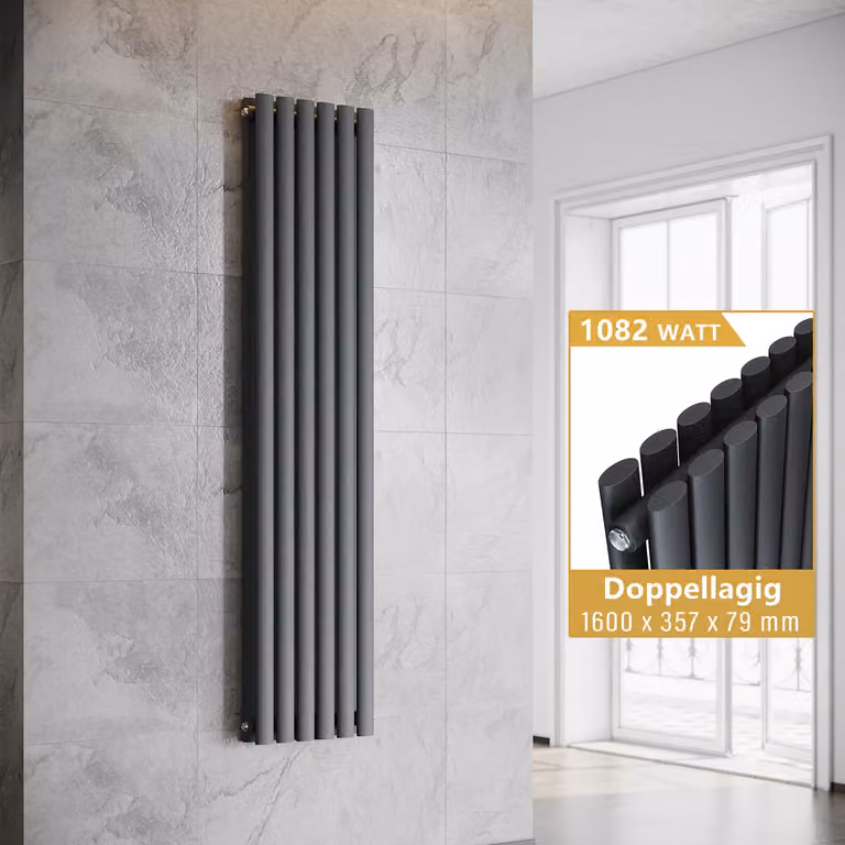 SONNI Radiatore a piastre verticali, radiatore a tubi a doppia parete, colore antracite, dimensioni 1600x357 mm, senza resistenza riscaldante