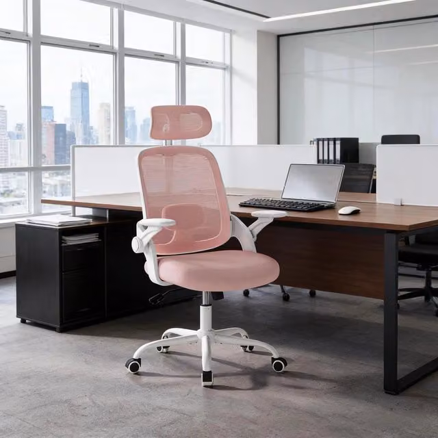 Sedia da ufficio ergonomica WISHDOR rosa con poggiatesta, braccioli e seduta in tessuto traspirante