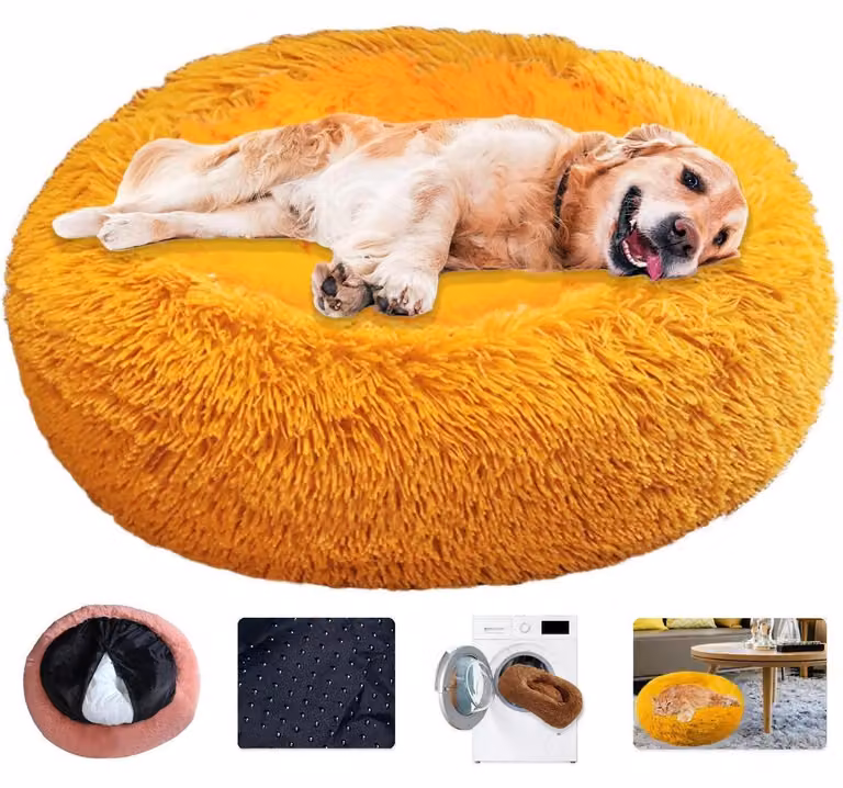 Cuccia per cani a forma di ciambella, nido rotondo, in peluche, lavabile, color oro, taglia 3XL, diametro 100 cm
