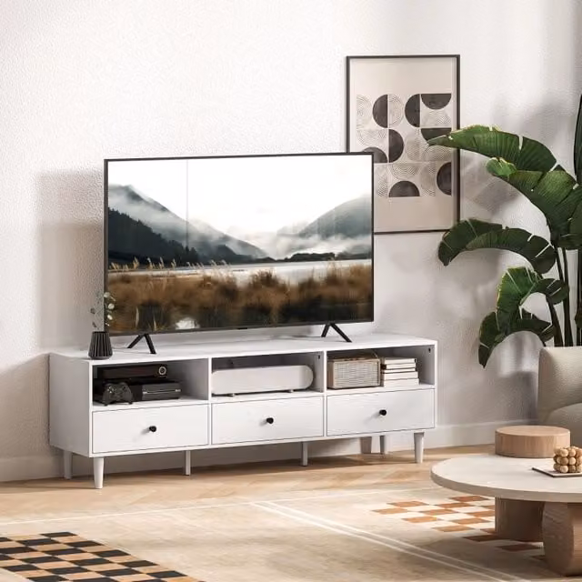 Mobile TV REDOM Bianco con 3 vani aperti e 3 cassetti L: 140 cm, P: 34 cm, H: 45 cm