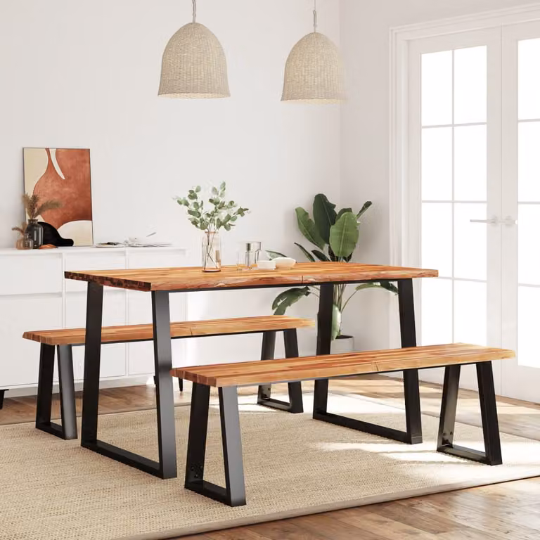 Set da pranzo vidaXL in legno di acacia con bordi vivi e struttura in metallo, composto da tavolo rettangolare e 2 panche, Colore: marrone e nero, L/P/H: 140 x 75 x 80 cm