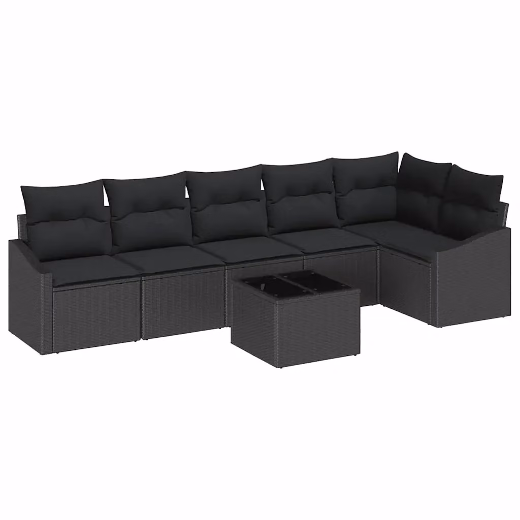 Set di divani da giardino vidaXL a forma di L con tavolo da caffè, 7 pezzi, colore nero in rattan e metallo con cuscini inclusi – 2
