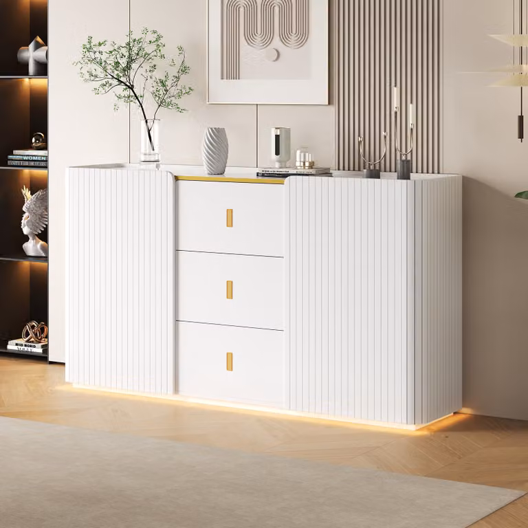 MODFU LED Armadio da cucina con 2 ante, 2 cassetti, armadio alto da buffet con illuminazione a LED per soggiorno, camera da letto, bianco