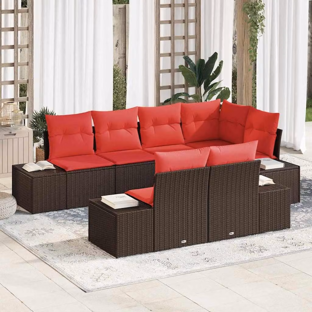 Maison Exclusive - Set da giardino composto da 7 pezzi. Divano e poltrone in rattan sintetico, color marrone e rosso