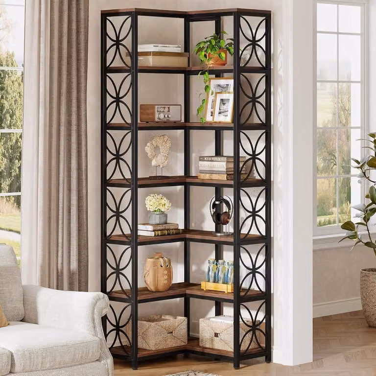 LITTLE TREE: scaffale angolare con 6 ripiani, stile industriale, legno e metallo, libreria con motivo decorativo, marrone-nero