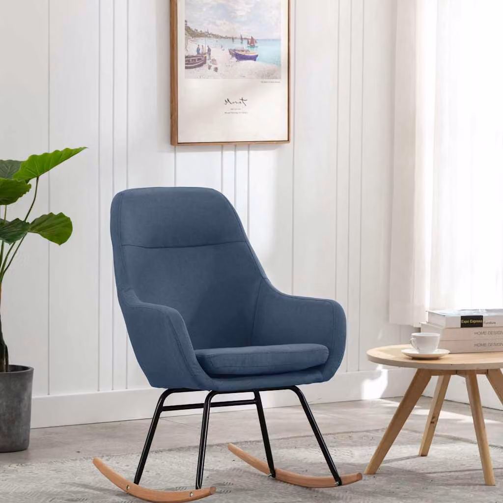 Sedia a dondolo vidaXL in tessuto blu con struttura in legno di faggio e metallo