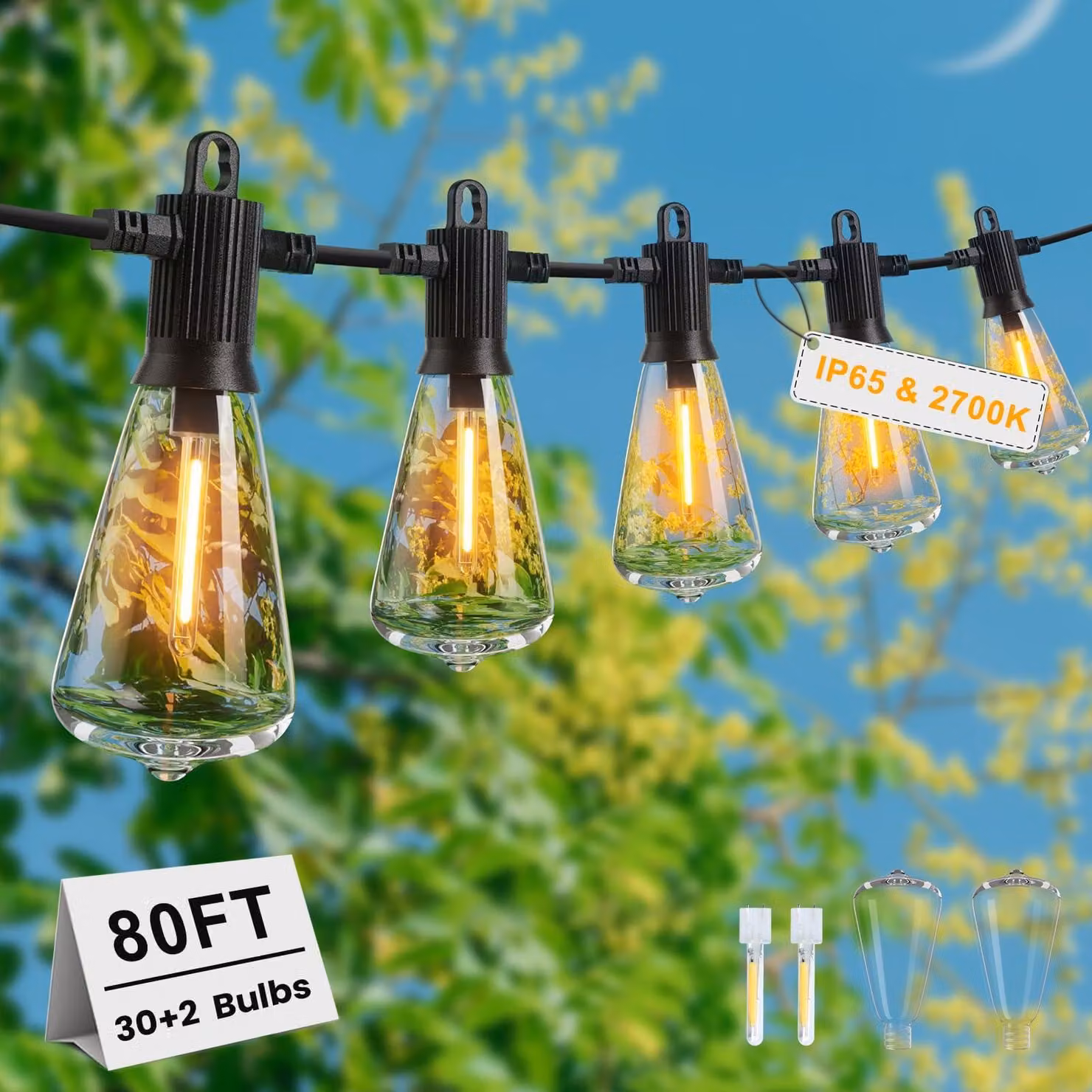 Catena luminosa a LED, 24 metri, con 30+2 lampadine bianco caldo, grado di protezione IP65, dimmerabile, 4 modalità
