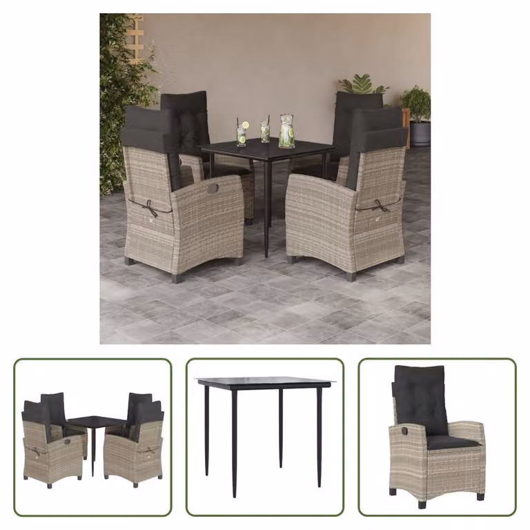 The Living Store Set da pranzo da giardino 5 pezzi con cuscini in rattan grigio chiaro