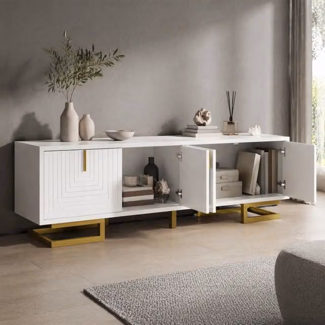 Mobile TV 160 cm bianco in pannello truciolare - 4 ante con ripiani interni