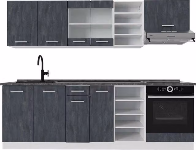 Cucina componibile moderna R-Line Vicco, Calce nera/Bianco con piano Antracite, L: 240 cm, P: 60 cm, H: 206,8 cm – 1