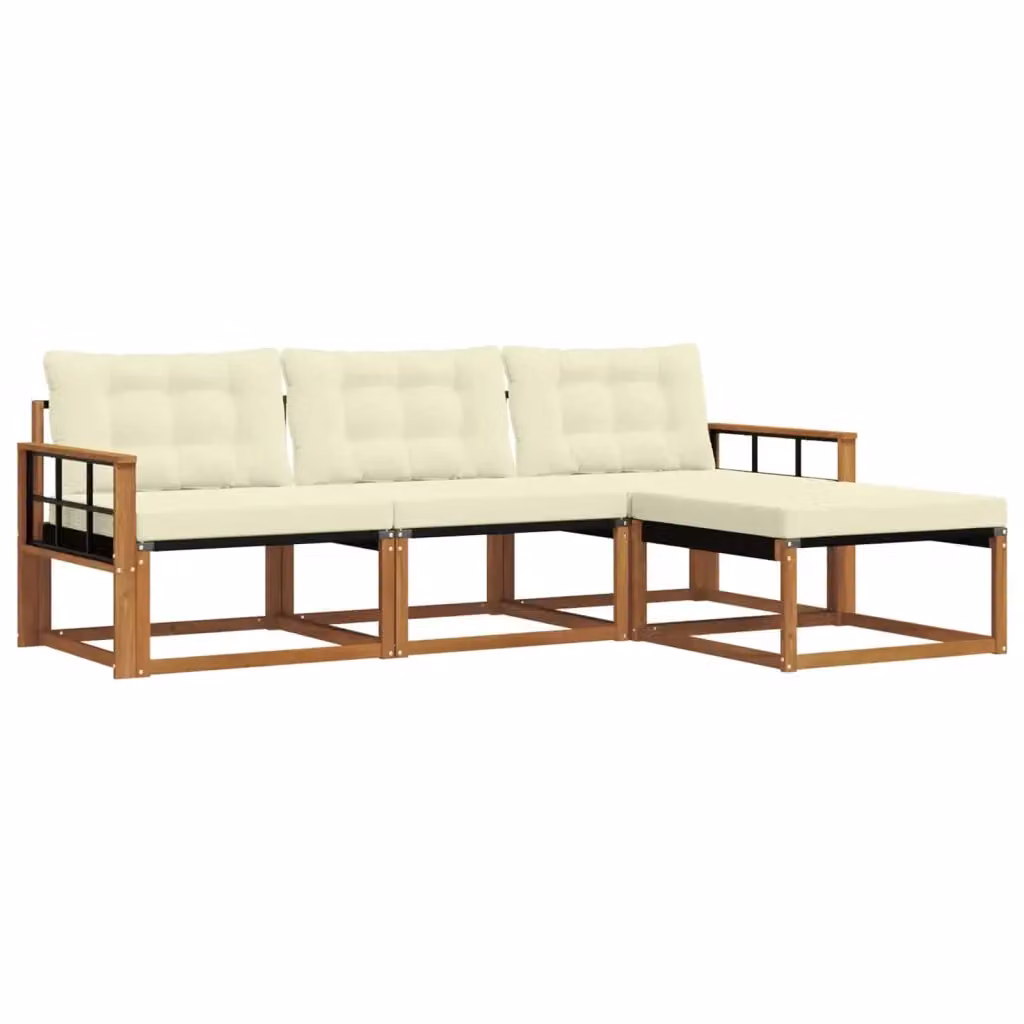 Set di divani da esterno a L con pouf vidaXL in legno di acacia e tessuto beige e bianco – 2