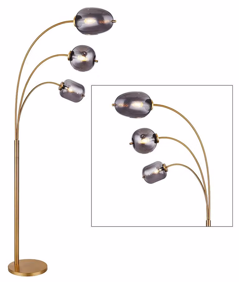 Lampada da terra, metallo, vetro, ottone, vetro fumé, tre luci, altezza 80 cm