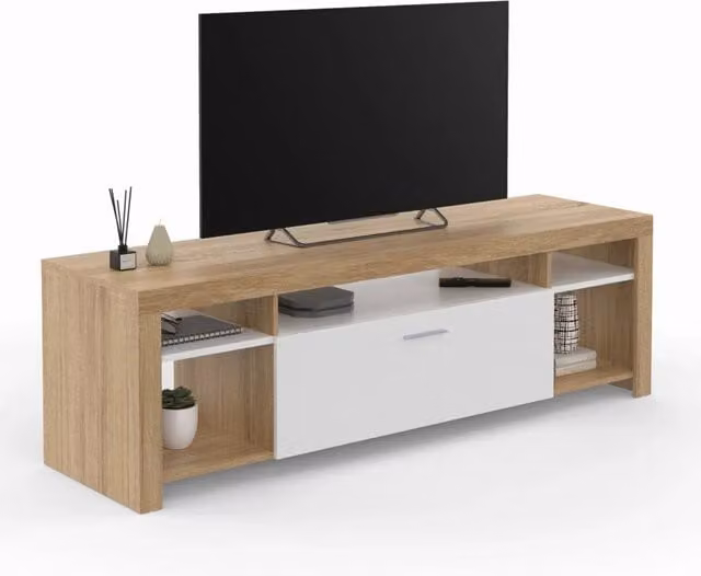 Mobile TV IDMarket MALO moderno in legno e armadietto bianco, L: 140 cm, P: 40 cm, H: 46 cm – 1