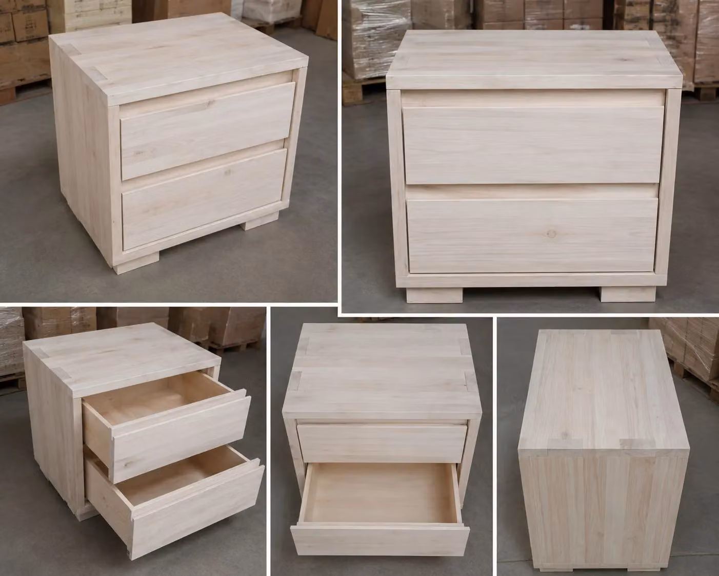Comodino con 2 cassetti in legno massello grezzo Mobili 2G L: 55 cm, P: 38 cm, H: 46 cm – 1