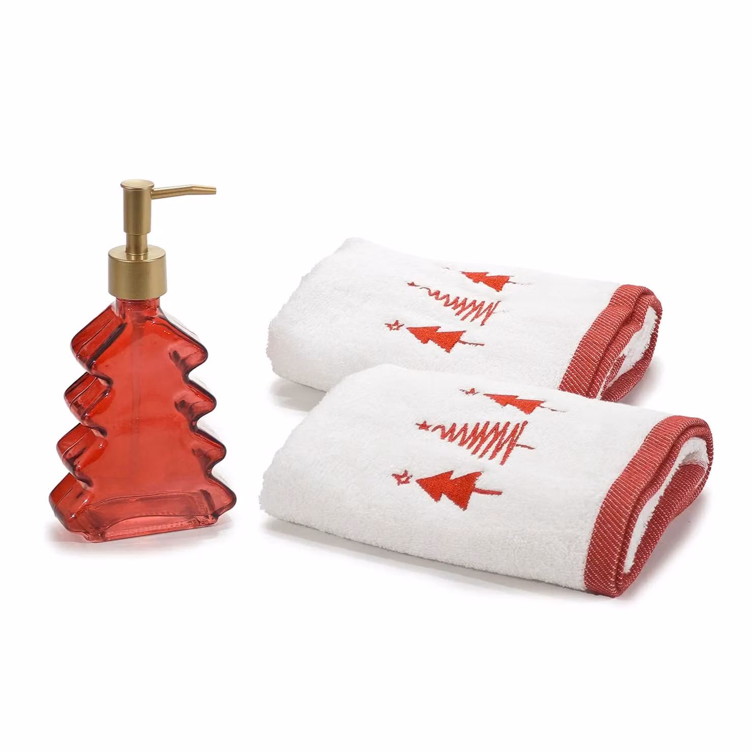 Set di 2 Asciugamani e Dispenser Natalizio Vestiamo Casa in Cotone Bianco con Ricamo