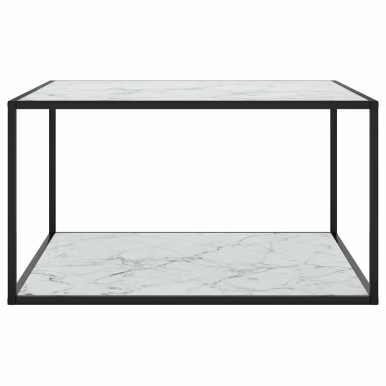 Tavolino da Salotto Nero con Vetro Marmo Bianco 90x90x50 cm