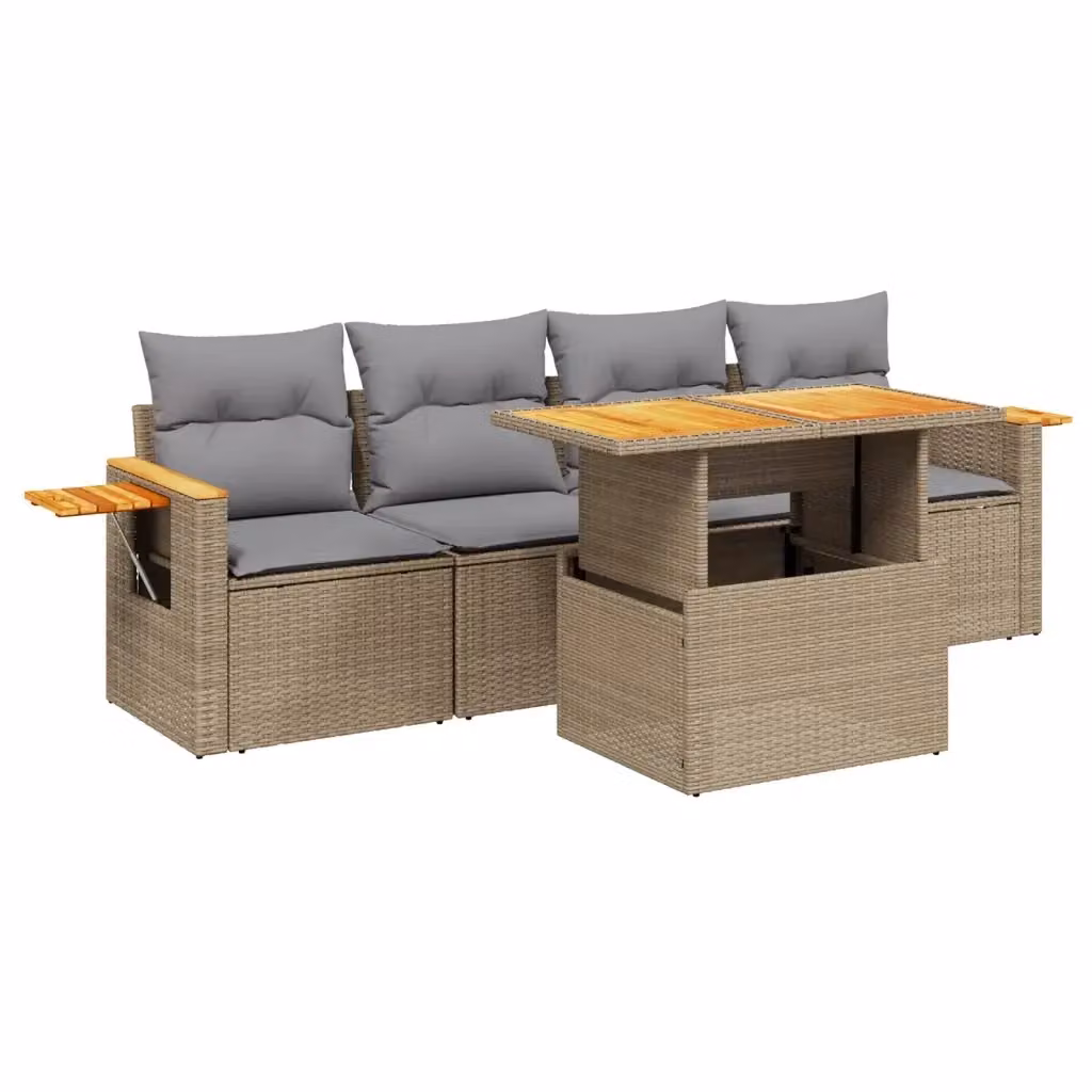 vidaXL Set Divano da Giardino 5 pz in Polyrattan Beige con Cuscini e Tavolino – 2