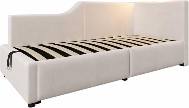 Letto singolo imbottito 90x200 cm con contenitore idraulico, luce da lettura e porta USB-C, struttura in velluto beige con rete in legno