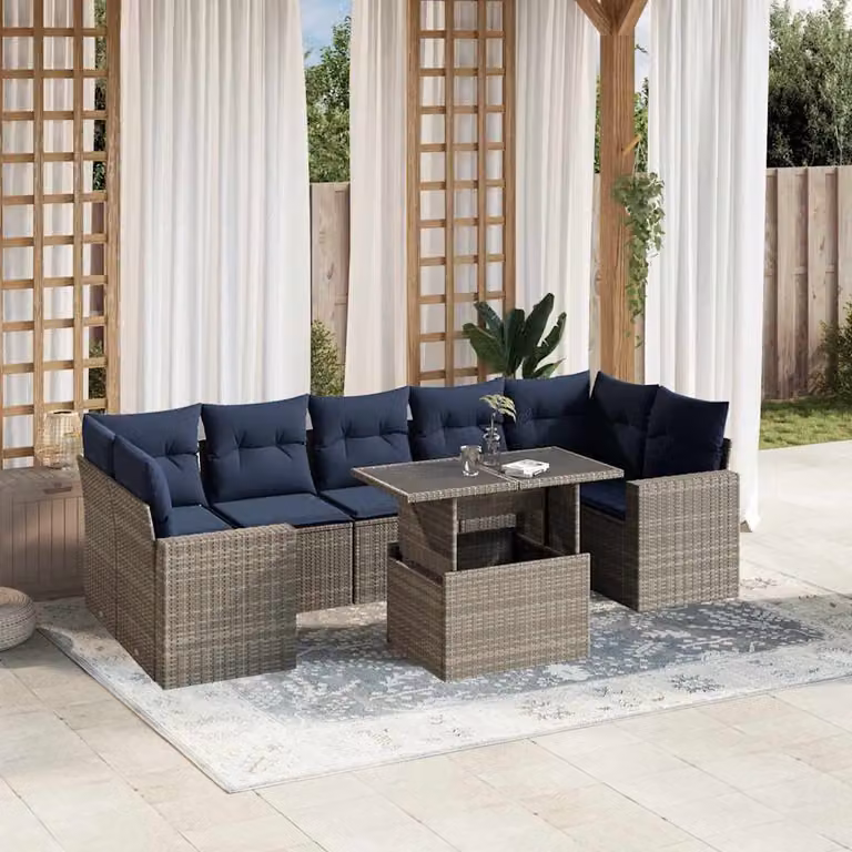 Set di divani da giardino vidaXL in polyrattan con cuscini, 8 pezzi, colore grigio