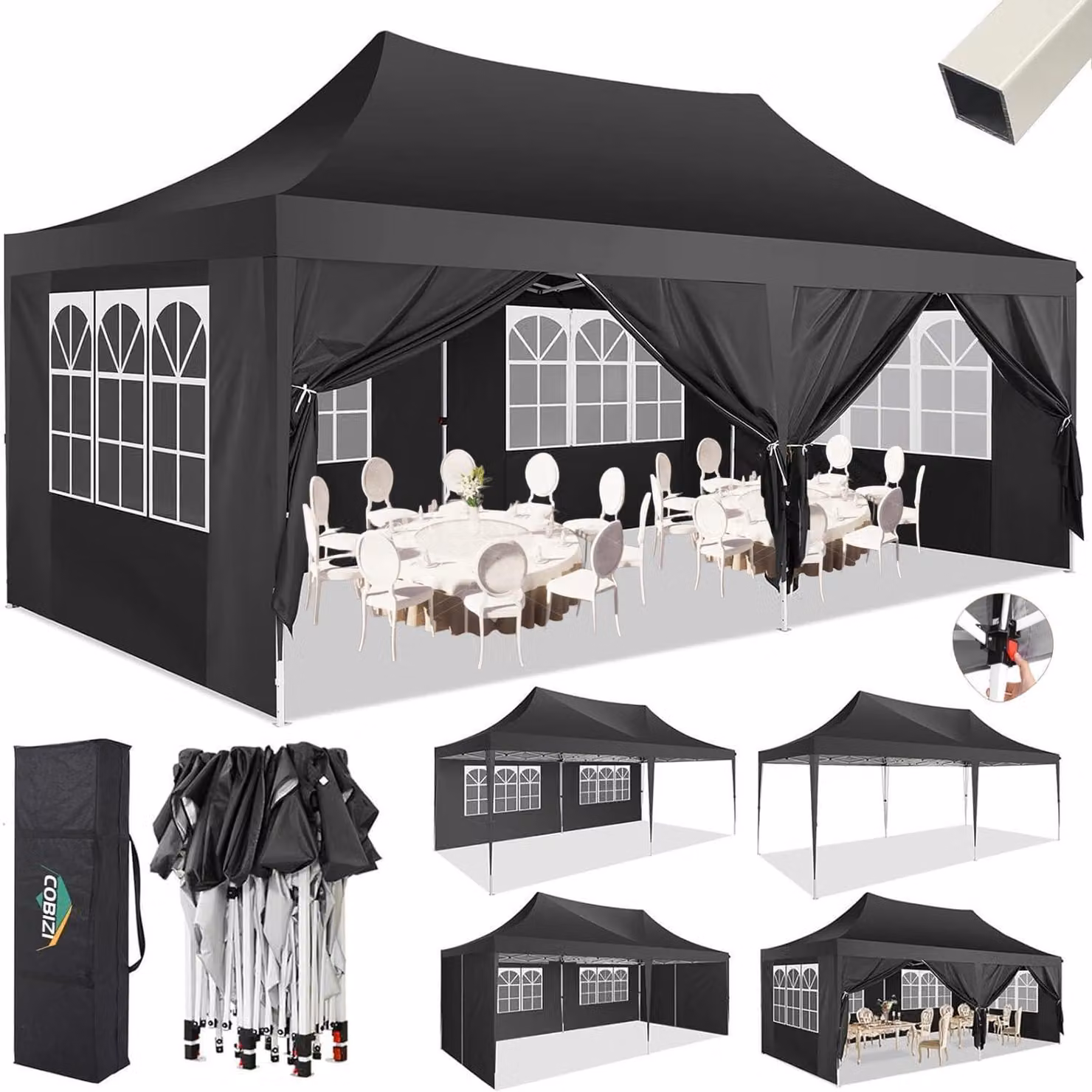 Gazebo da esterno 3x6 metri, impermeabile, stabile, con 6 pannelli laterali, protezione UV, colore nero