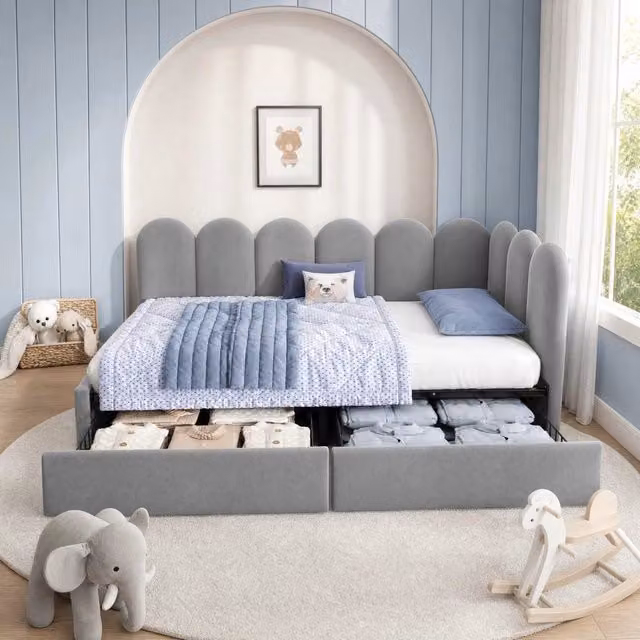 Letto singolo imbottito in velluto con 2 cassetti; struttura a L; 90x200 cm; grigio
