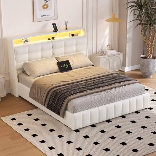 Letto matrimoniale a piattaforma 160 × 200 cm imbottito con LED USB vano contenitore testiera regolabile bianco