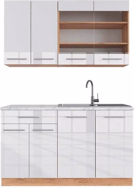 Cucina completa Fame-Line Bianco lucido/Rovere dorato 140 cm, PL Marmo Vicco