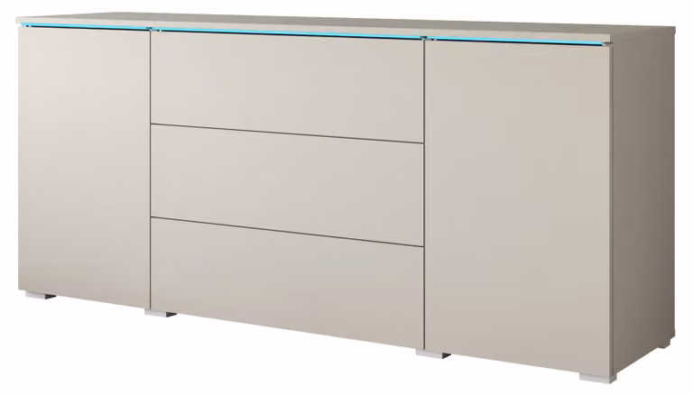 Comò da salotto, 150 cm, con 3 cassetti e 2 ante, finitura "cashmere" beige, con illuminazione LED