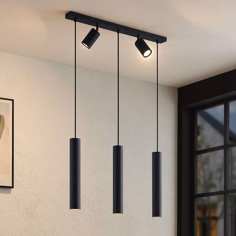 Lampada a sospensione Sanad Lindby, dimmerabile, Nero, Soggiorno / Sala da pranzo, Metallo, Moderno, Lampada a sospensione