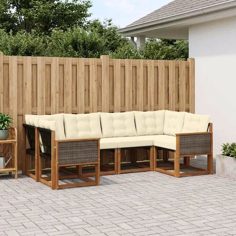 Set di divani da esterno vidaXL a forma di L composto da 6 pezzi in legno di acacia con cuscini beige e marrone per giardino e terrazza