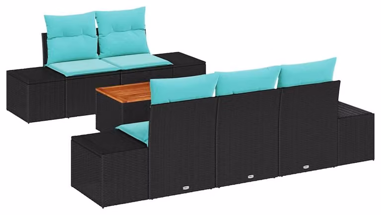 Set di divani da giardino, 6 pezzi, in rattan sintetico nero e turchese