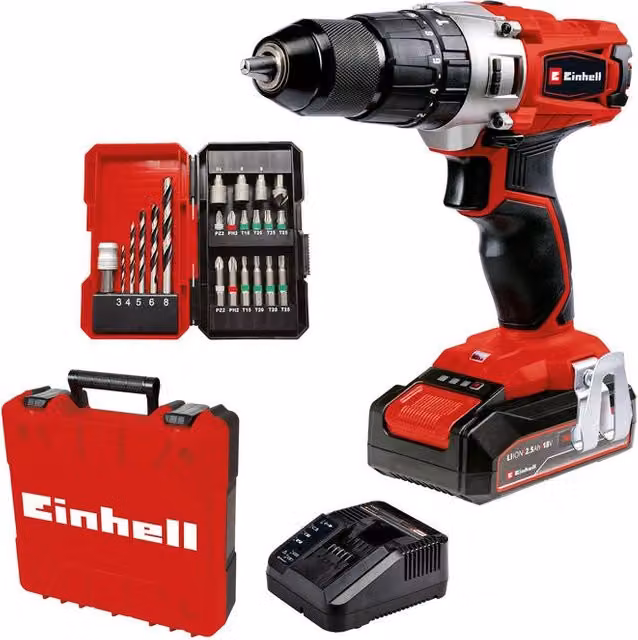 Einhell TE-CD 18-2 Li-i Trapano Avvitatore a Percussione a Batteria 18V con 22 accessori, nero e rosso