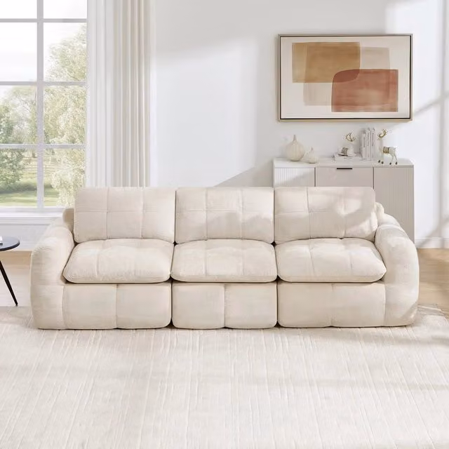 Divano 3 posti ¨C Minimal ¨C Beige tessuto chenille imbottito con cuscini