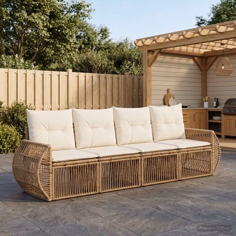Set Divano da Giardino vidaXL 4 Pezzi in Polyrattan con Cuscini Imbottiti Beige e Bianco Crema